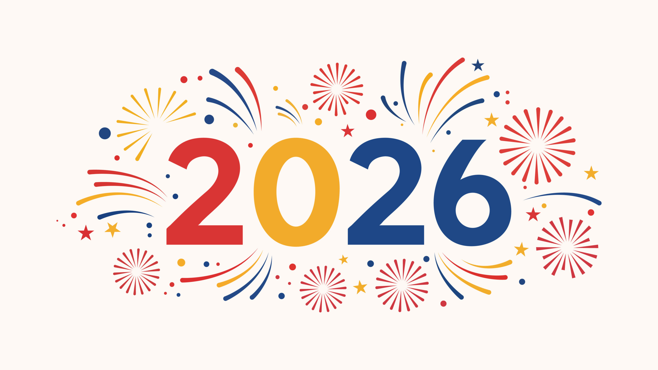Happy New Year 2026 banner with colorful fireworks; a modern flat design for a 2026 New Year's Eve party celebration